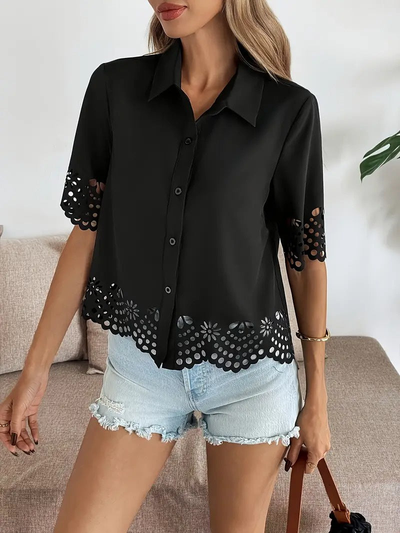 Women's Button-Down Shirt with Eyelet Cutout
