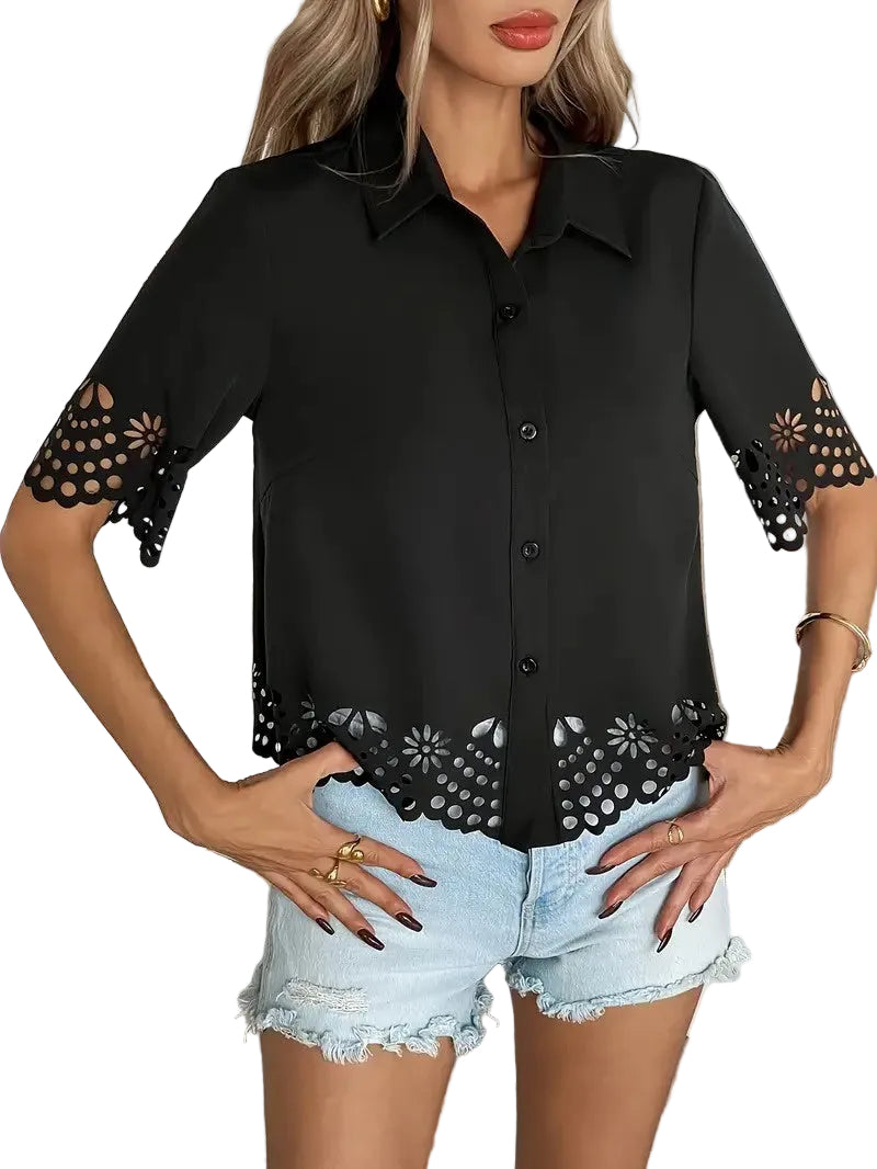 Women's Button-Down Shirt with Eyelet Cutout