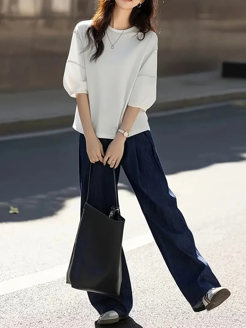Women's Crew Neck T-Shirt with Elbow-Length Sleeves