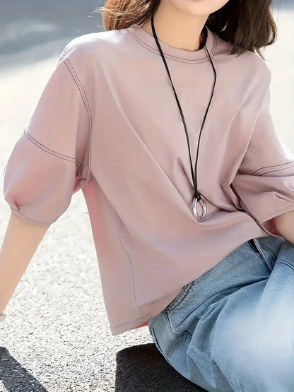 Women's Crew Neck T-Shirt with Elbow-Length Sleeves