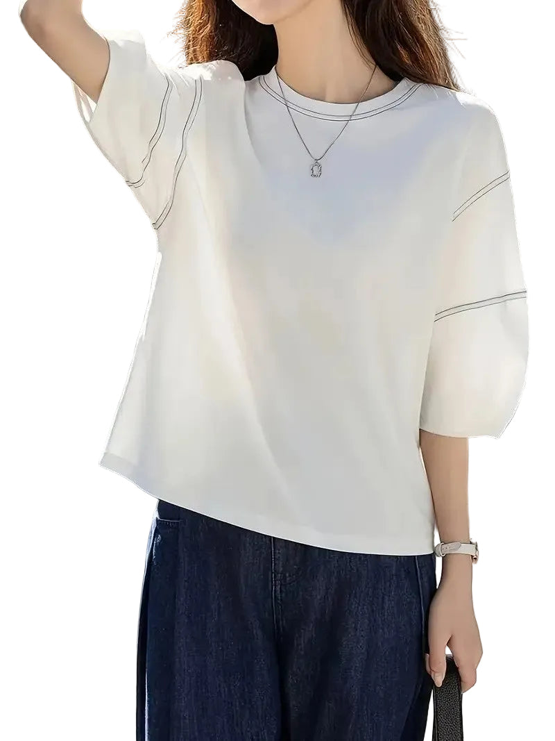 Women's Crew Neck T-Shirt with Elbow-Length Sleeves